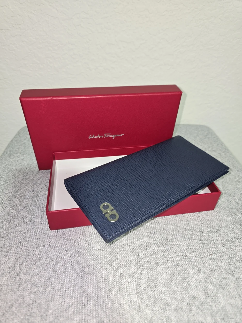 Salvatore Ferragamo Navy Textured Leather Long Card Holder with Silver Logo